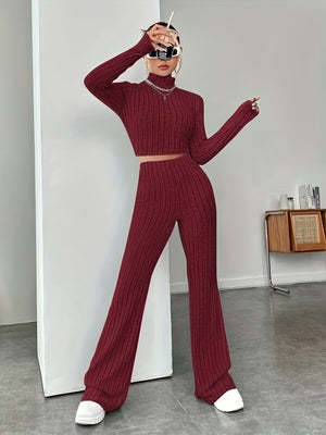 Turtle Neck Long Sleeve Top & Garter Pants 2 in 1 Terno Set Coords