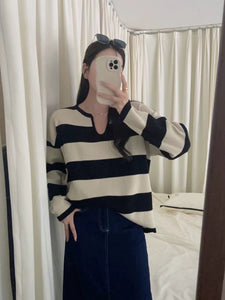 Notch Neck Long Sleeve Stripe Oversize Knitted Top