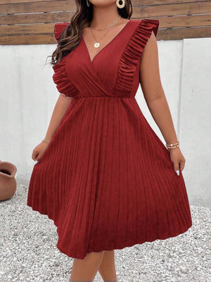 V-neck Pleated Sleeve & Hem Plus Size Dress