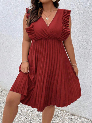 V-neck Pleated Sleeve & Hem Plus Size Dress