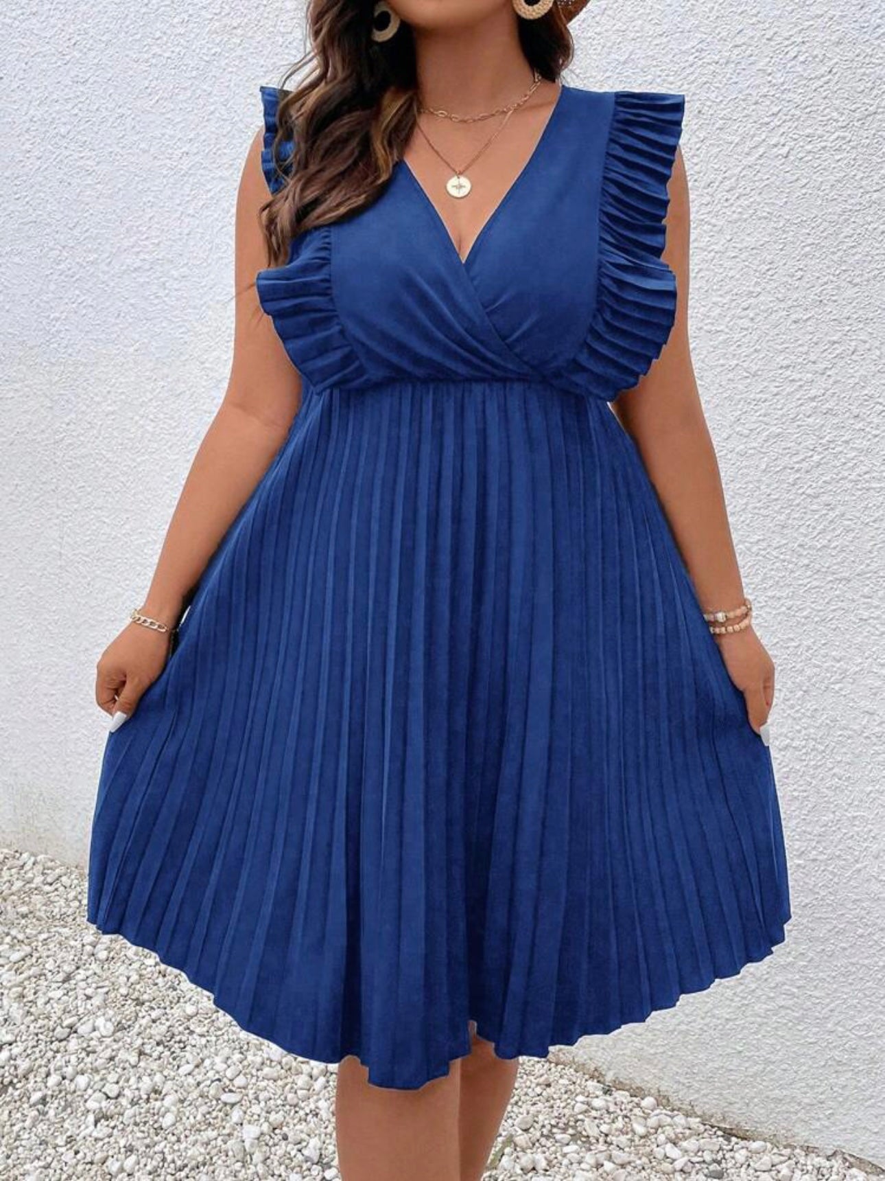 V-neck Pleated Sleeve & Hem Plus Size Dress