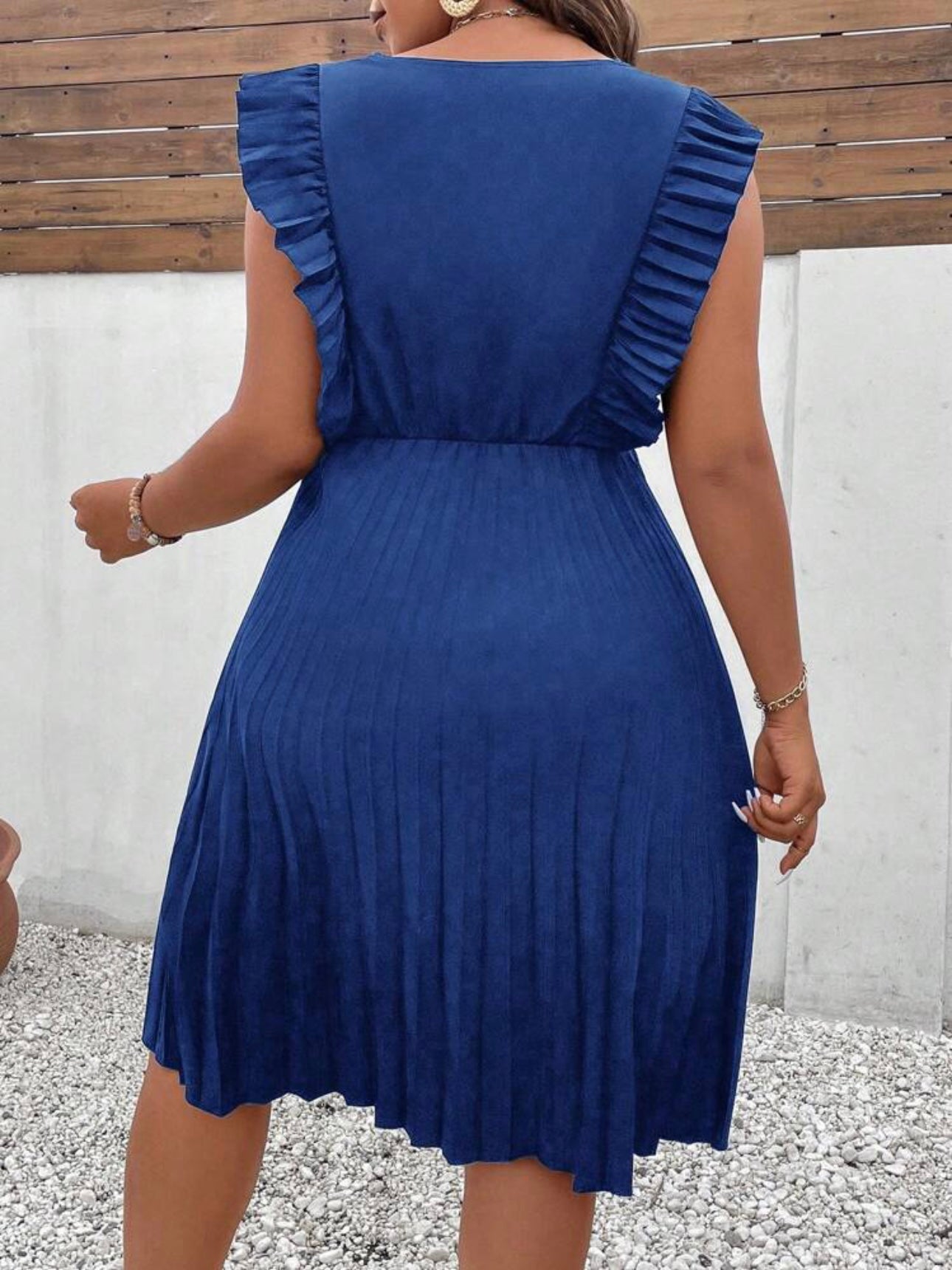 V-neck Pleated Sleeve & Hem Plus Size Dress