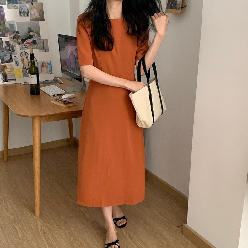 Korean Style Single Button Back Self Belt Solid Dress