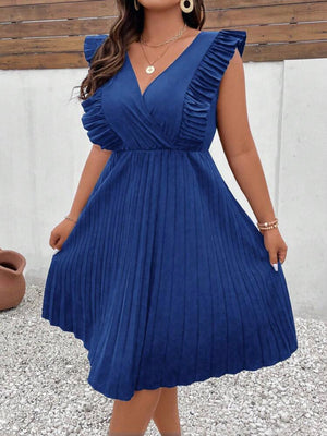 V-neck Pleated Sleeve & Hem Plus Size Dress