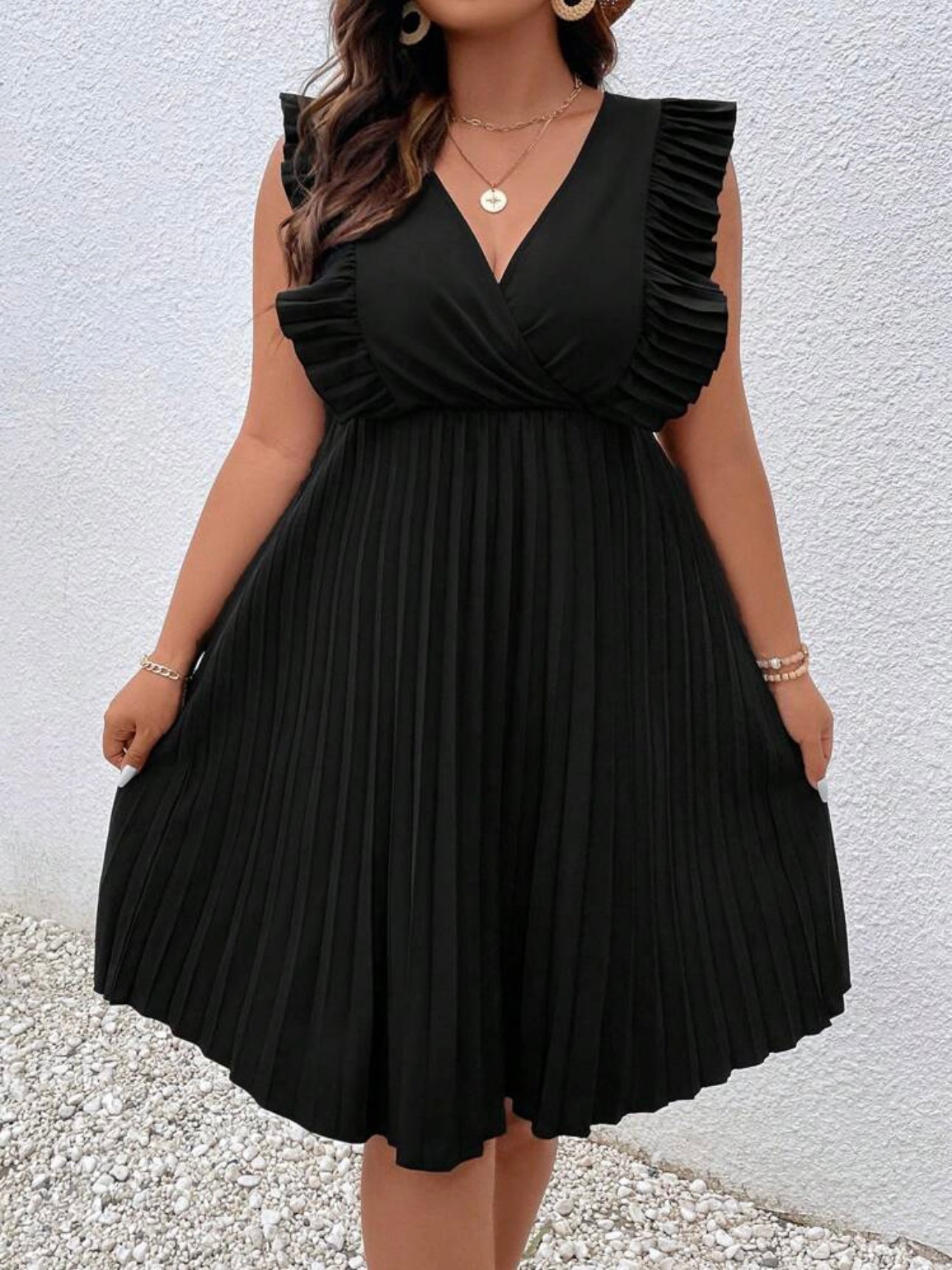 V-neck Pleated Sleeve & Hem Plus Size Dress