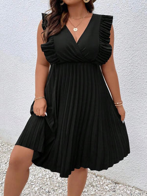 V-neck Pleated Sleeve & Hem Plus Size Dress