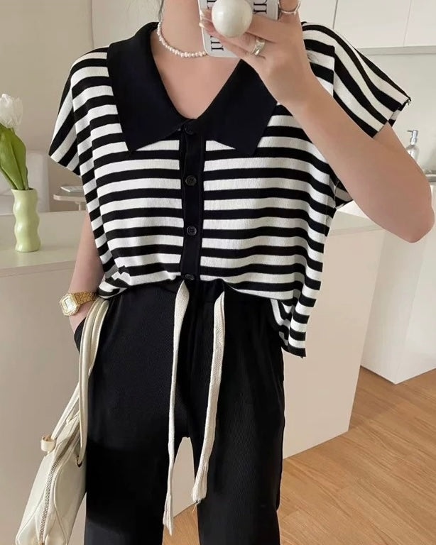 Collar Neck Button Down Stripe Oversize Knitted Top