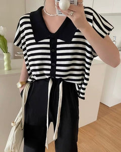 Collar Neck Button Down Stripe Oversize Knitted Top