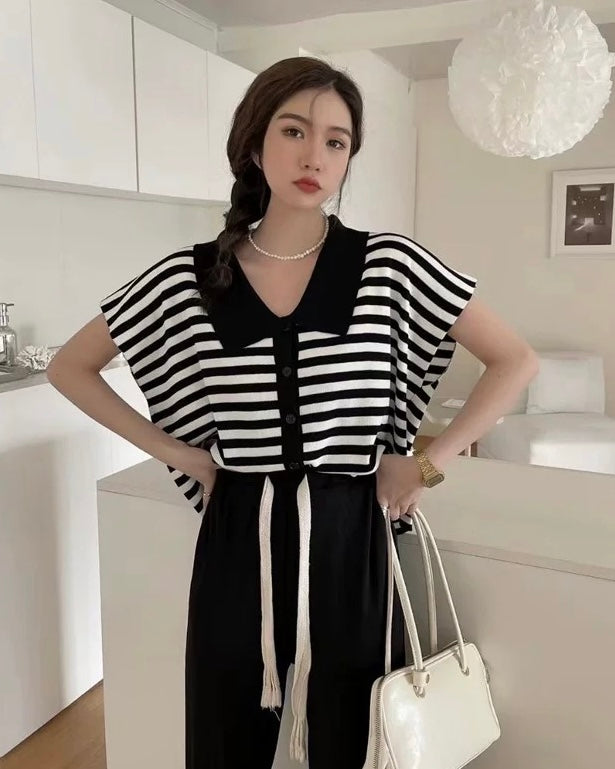 Collar Neck Button Down Stripe Oversize Knitted Top