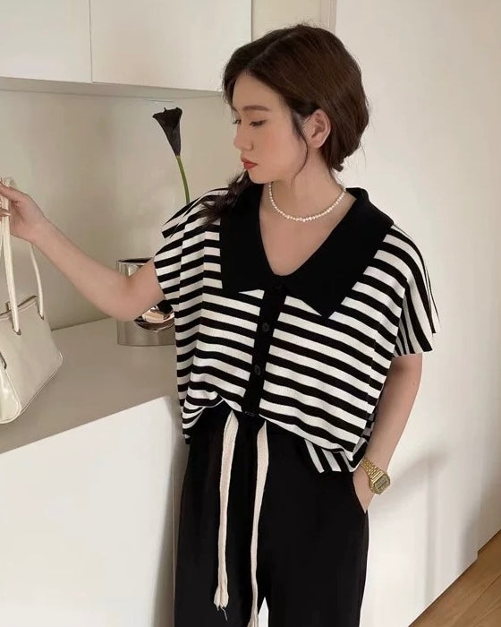 Collar Neck Button Down Stripe Oversize Knitted Top