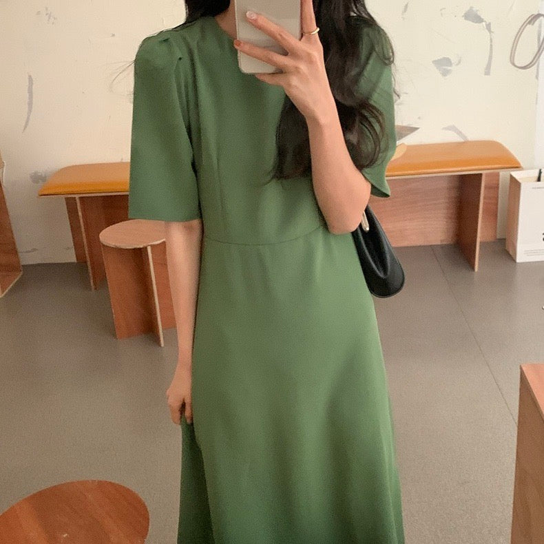 Korean Style Single Button Back Self Belt Solid Dress