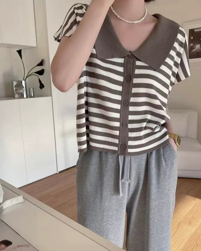 Collar Neck Button Down Stripe Oversize Knitted Top