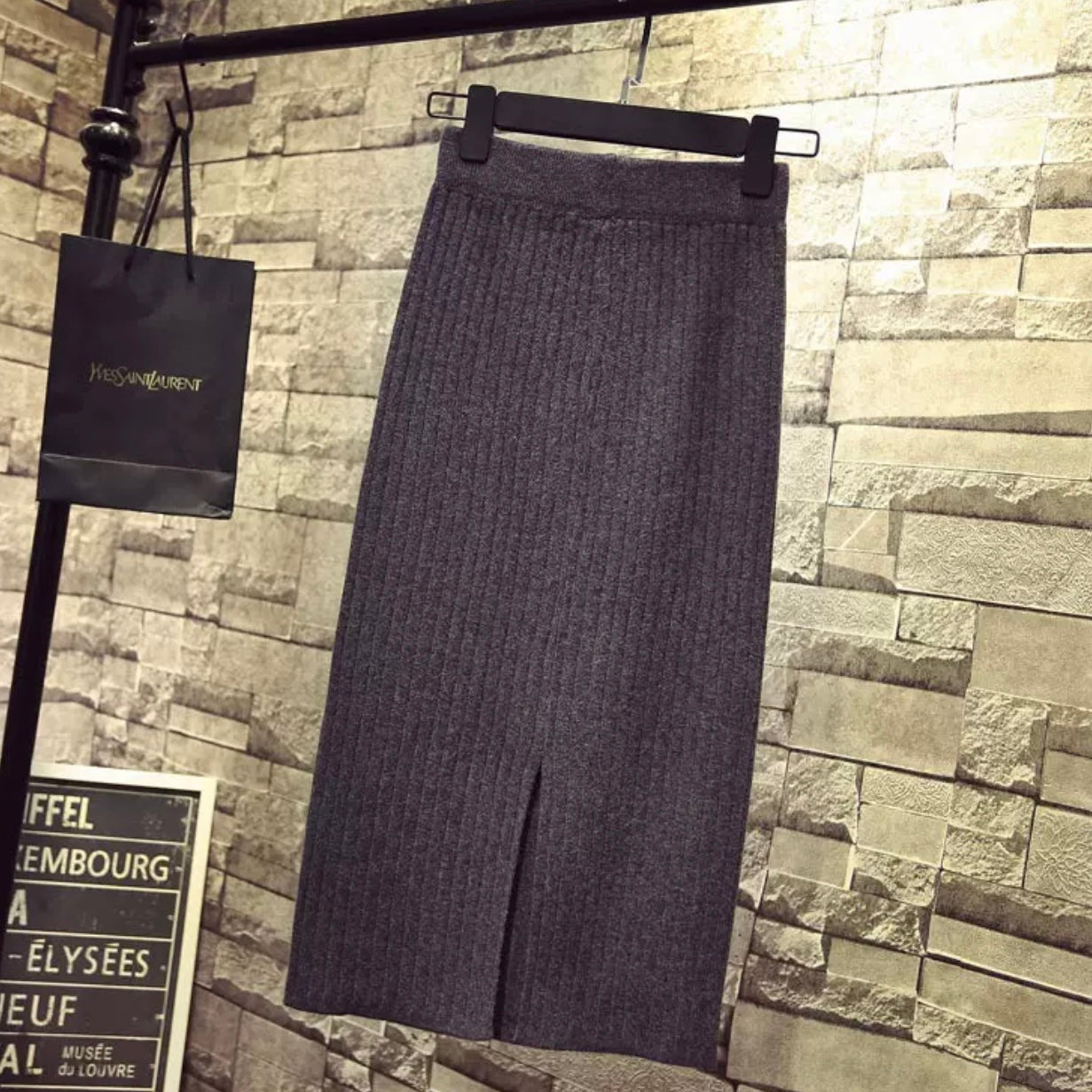 Back Slit Garter Waist Ribbed Knitted Skirt