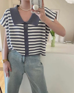 Collar Neck Button Down Stripe Oversize Knitted Top