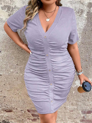 V-neck Buttons Detail Elastic Ruched Side Plus Size Dress