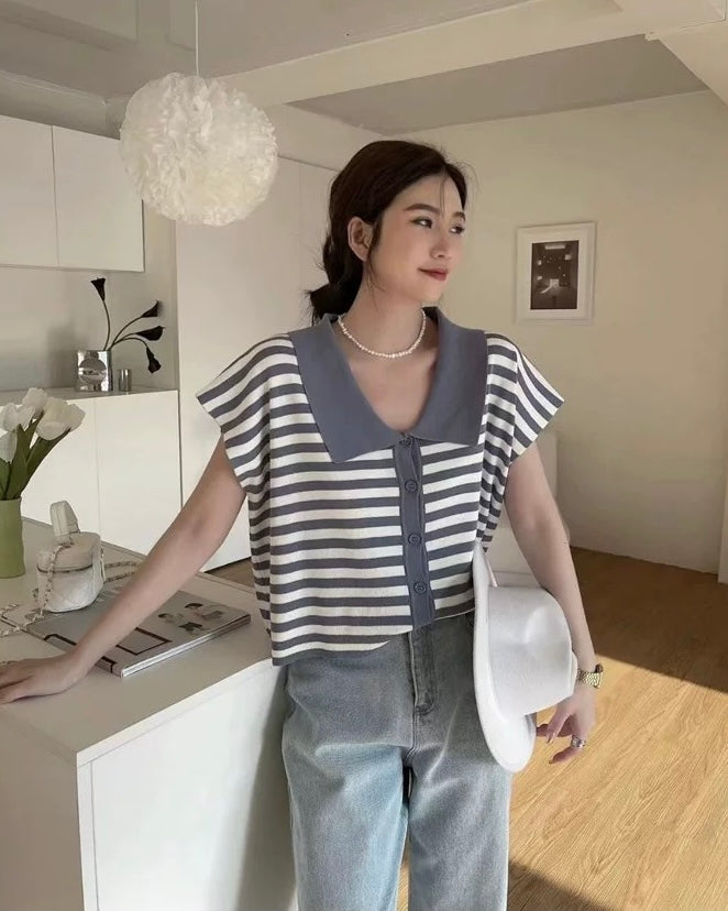 Collar Neck Button Down Stripe Oversize Knitted Top