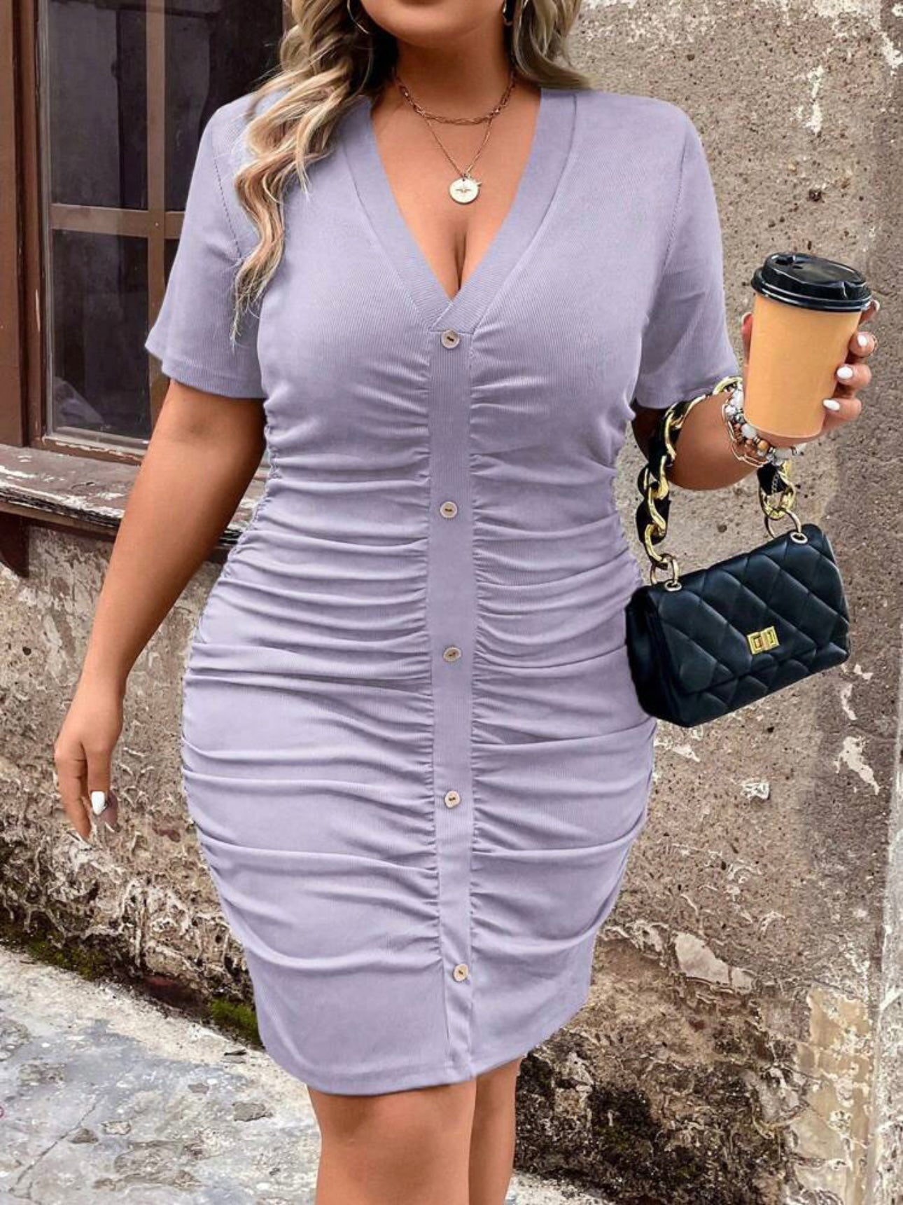 V-neck Buttons Detail Elastic Ruched Side Plus Size Dress