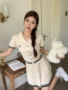 Knitted College Style Collar Neck Embroidery Front Button Down Top & Garter Waist Pleated Skirt