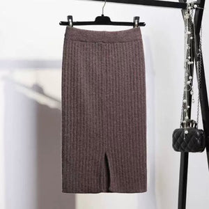 Back Slit Garter Waist Ribbed Knitted Skirt