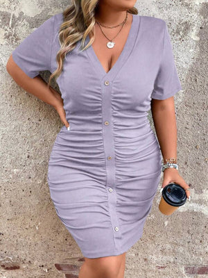 V-neck Buttons Detail Elastic Ruched Side Plus Size Dress