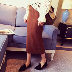 Back Slit Garter Waist Ribbed Knitted Skirt