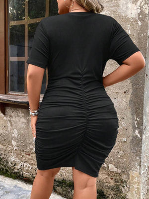 V-neck Buttons Detail Elastic Ruched Side Plus Size Dress