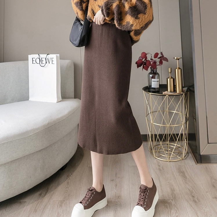 Back Slit Garter Waist Ribbed Knitted Skirt