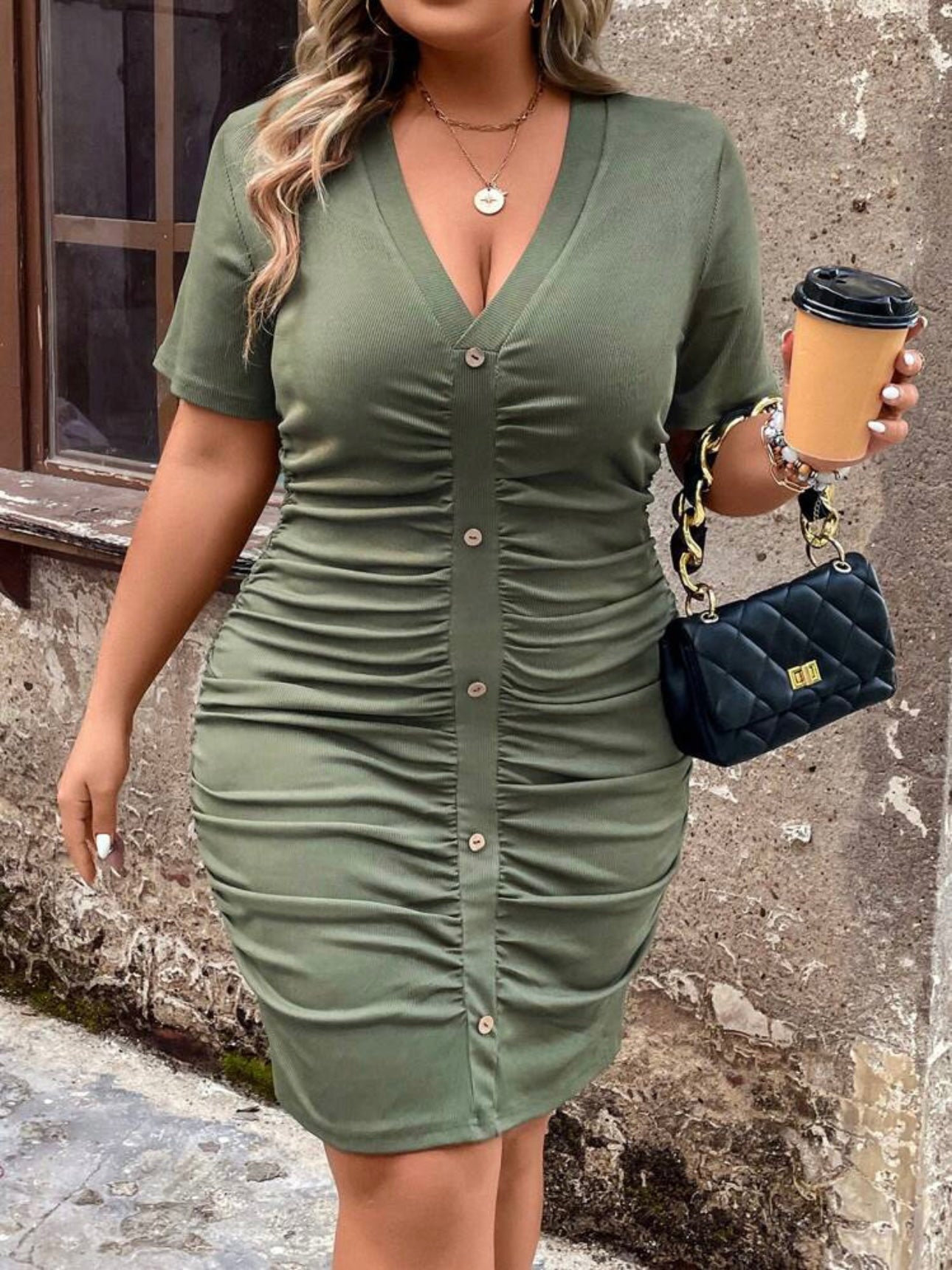 V-neck Buttons Detail Elastic Ruched Side Plus Size Dress