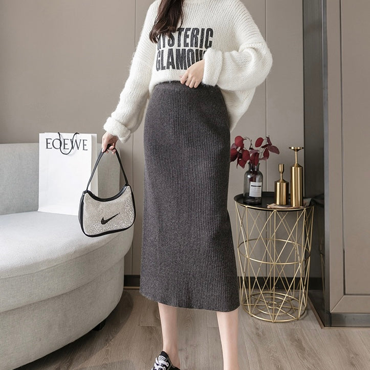 Back Slit Garter Waist Ribbed Knitted Skirt