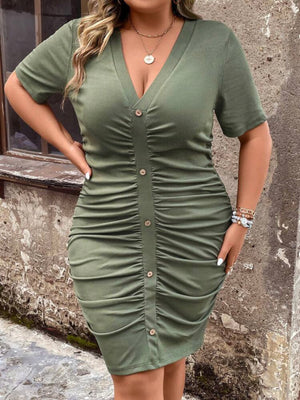 V-neck Buttons Detail Elastic Ruched Side Plus Size Dress