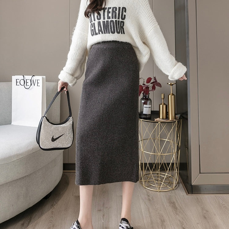 Back Slit Garter Waist Ribbed Knitted Skirt