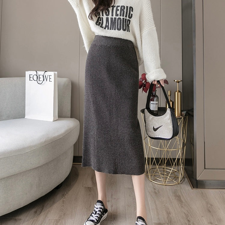 Back Slit Garter Waist Ribbed Knitted Skirt
