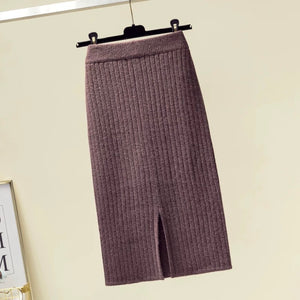 Back Slit Garter Waist Ribbed Knitted Skirt