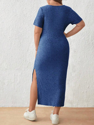 Knitted Cotton Single Side Split Square Neck Plus Size Dress