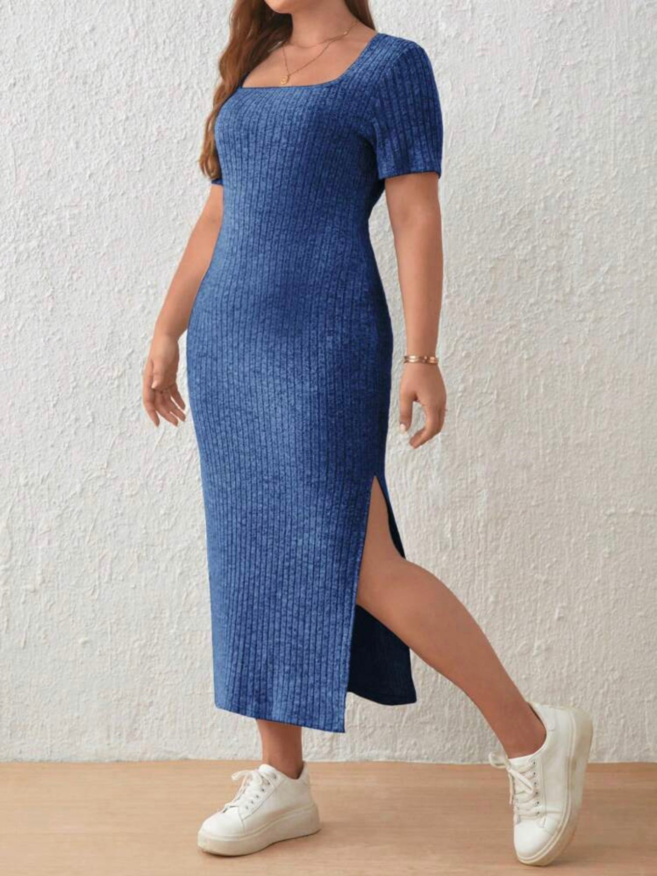 Knitted Cotton Single Side Split Square Neck Plus Size Dress