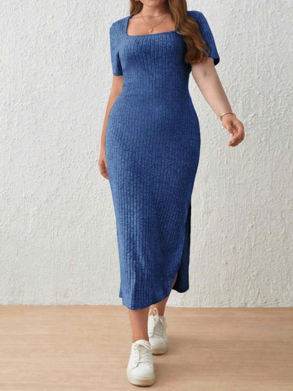 Knitted Cotton Single Side Split Square Neck Plus Size Dress