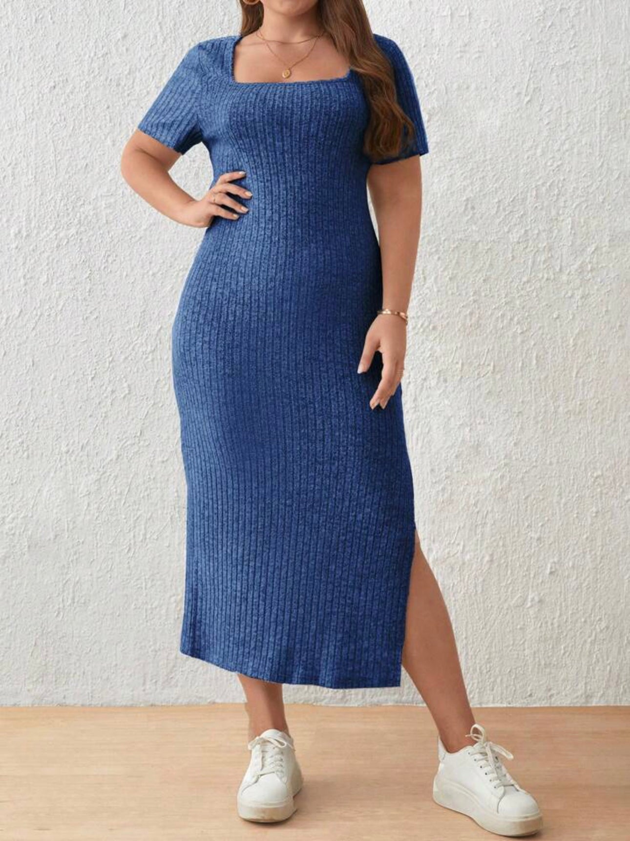 Knitted Cotton Single Side Split Square Neck Plus Size Dress