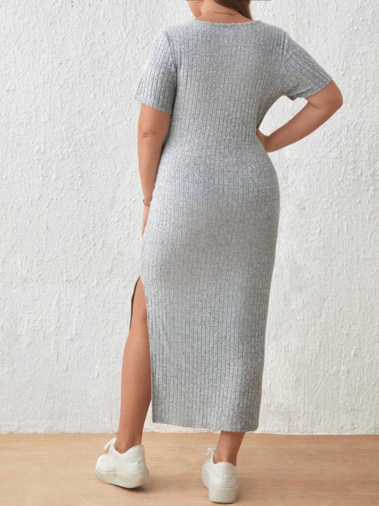 Knitted Cotton Single Side Split Square Neck Plus Size Dress