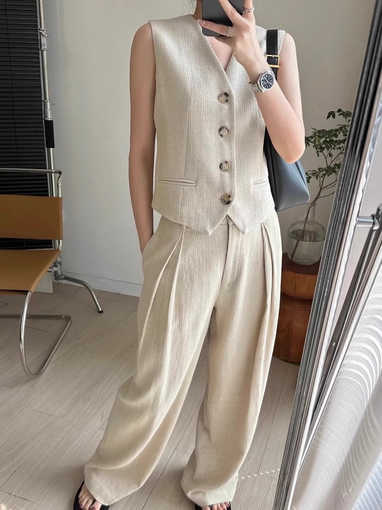 Button Down Vest Top & Side Pocket Garter Pants 2 in 1 Terno Set Coords