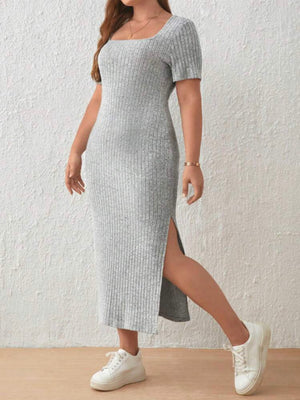 Knitted Cotton Single Side Split Square Neck Plus Size Dress