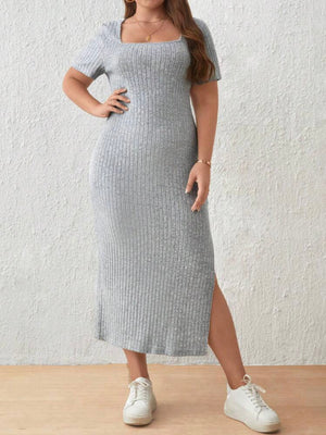 Knitted Cotton Single Side Split Square Neck Plus Size Dress