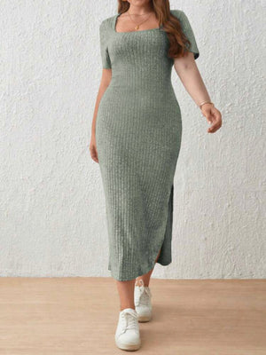 Knitted Cotton Single Side Split Square Neck Plus Size Dress