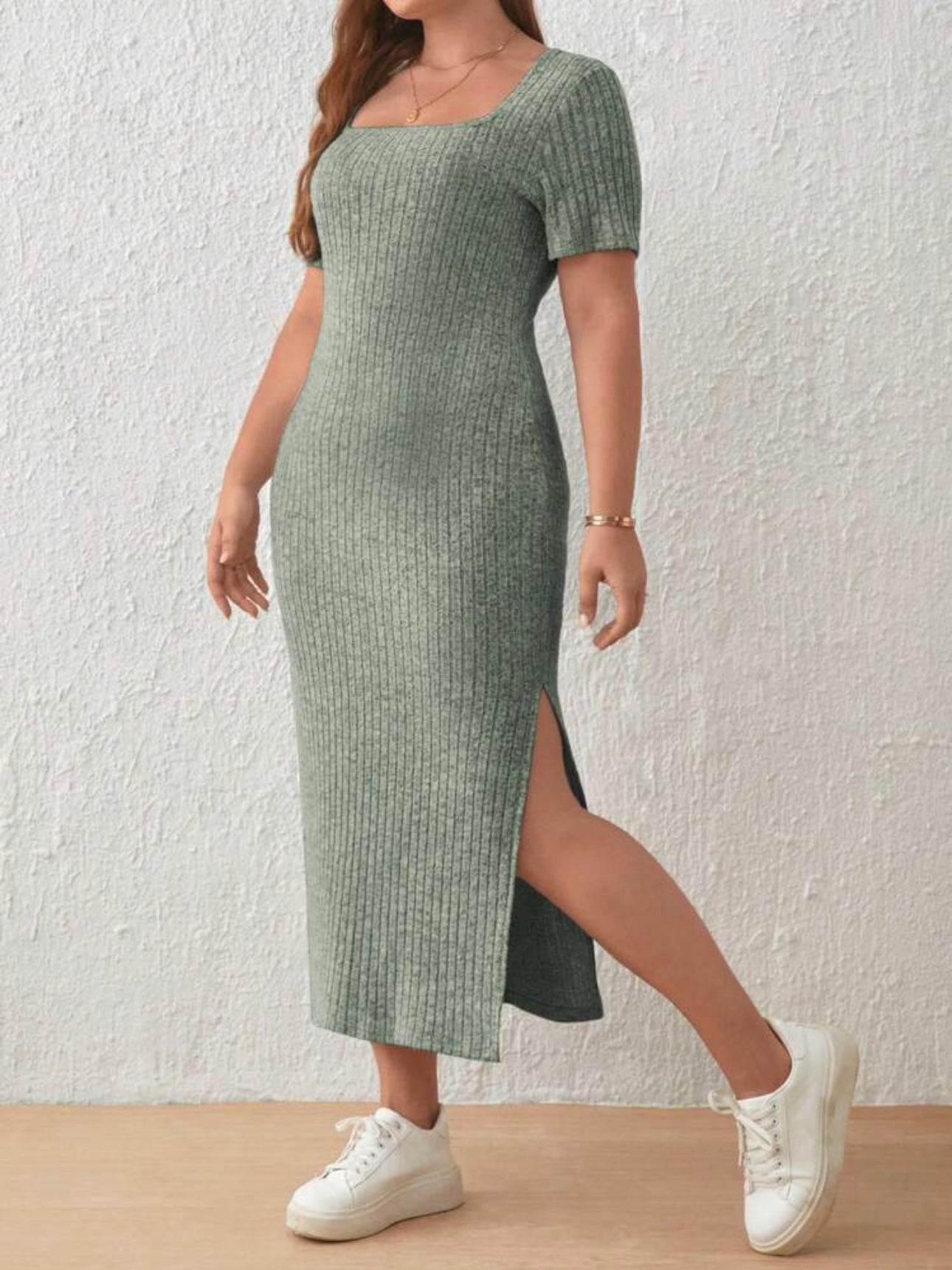 Knitted Cotton Single Side Split Square Neck Plus Size Dress