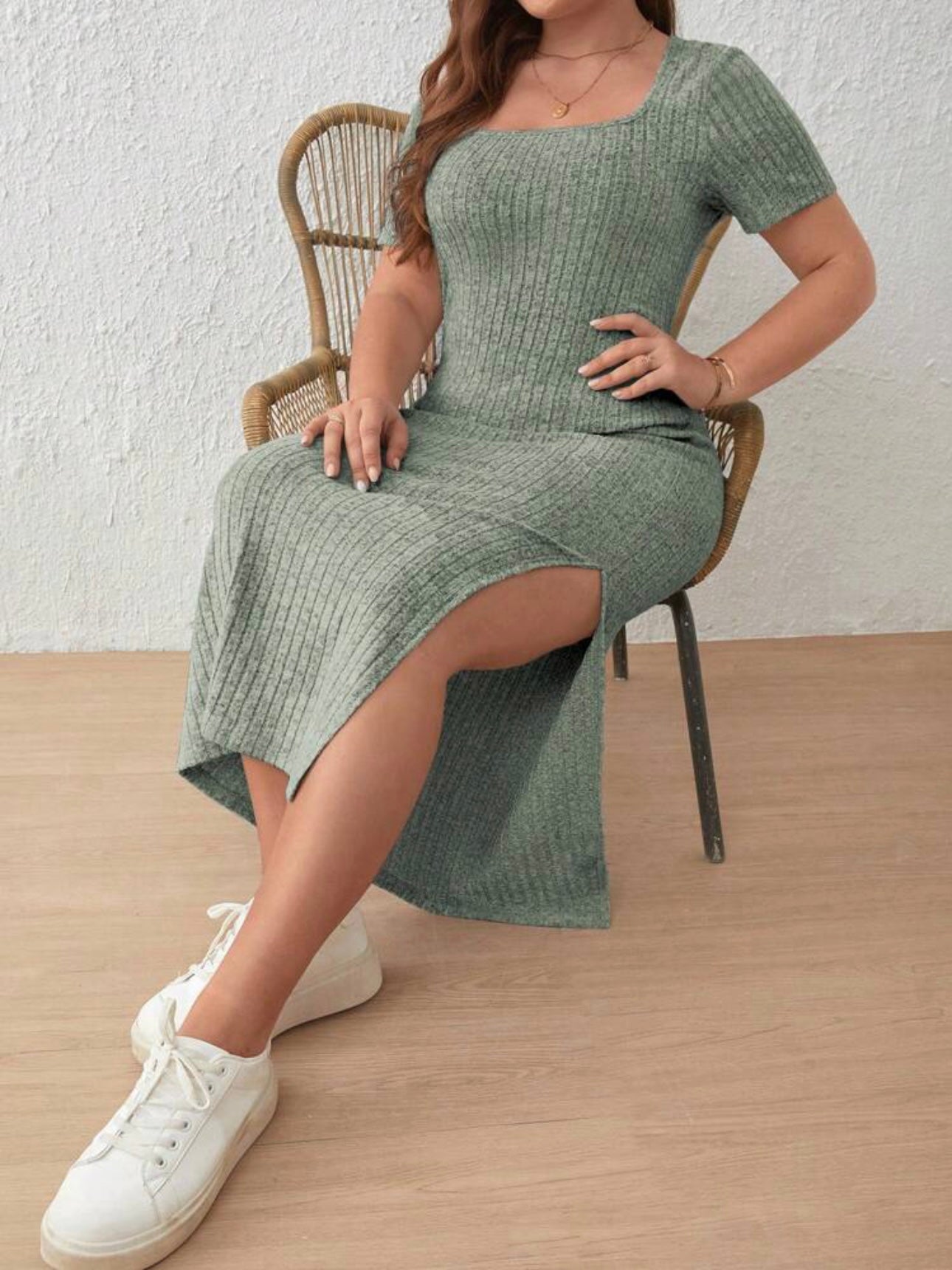 Knitted Cotton Single Side Split Square Neck Plus Size Dress