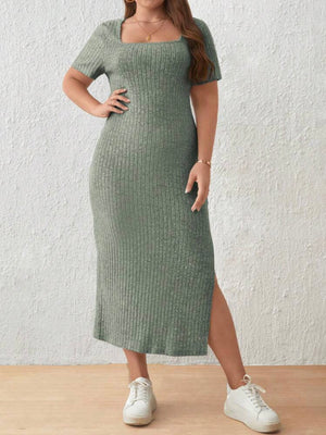 Knitted Cotton Single Side Split Square Neck Plus Size Dress