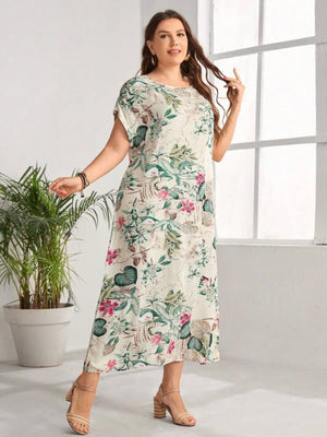 Fold-up Sleeve Vintage Floral Plus Size Dress