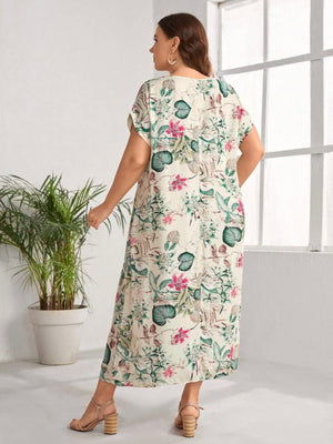 Fold-up Sleeve Vintage Floral Plus Size Dress