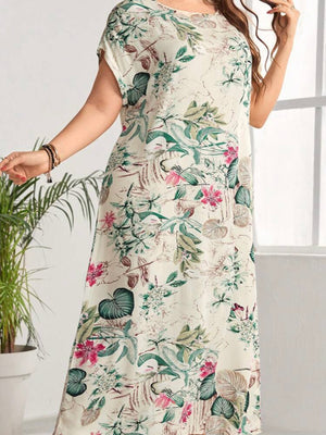 Fold-up Sleeve Vintage Floral Plus Size Dress