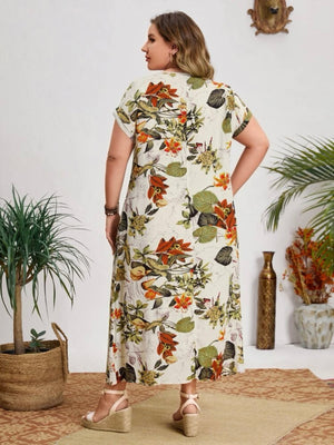 Fold-up Sleeve Vintage Floral Plus Size Dress