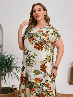 Fold-up Sleeve Vintage Floral Plus Size Dress
